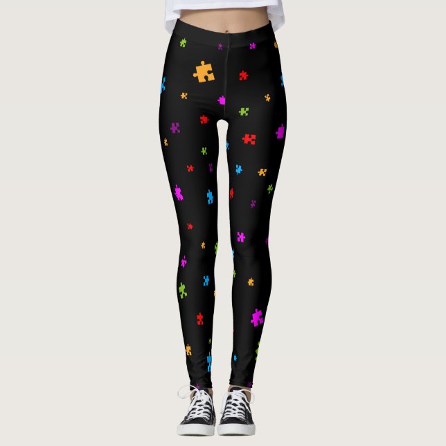 Leggings Autisme Puzzle pièces sur NOIR (Devant)