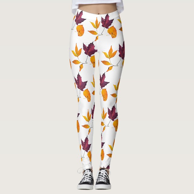 Leggings Automne Feuilles automne Bourgogne jaune et blanc (Devant)