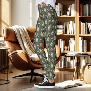 Leggings Autruche Rose Fleurs Vert Olive Art Déco