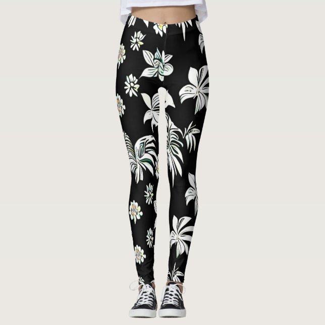 Leggings aux fleurs de style noir et blanc (Devant)