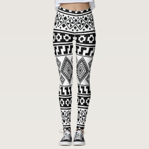 Leggings Aztec Boho, Motif tribal géométrique noir blanc