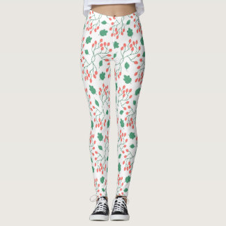Leggings Baies rouges et motifs feuille verts