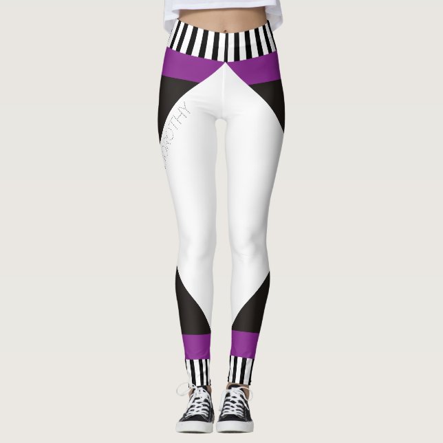 Leggings Bandes géométriques noir et blanc violet moderne (Devant)