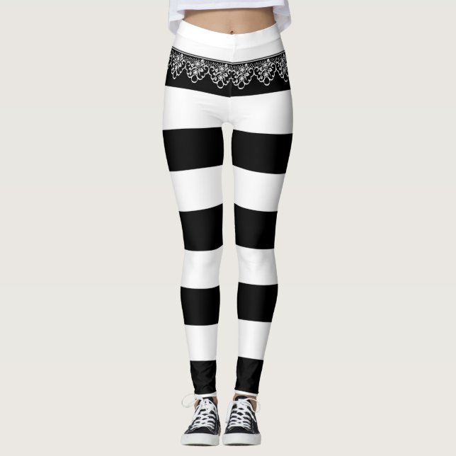 Leggings Bandes noires et blanches avec dentelle (Devant)