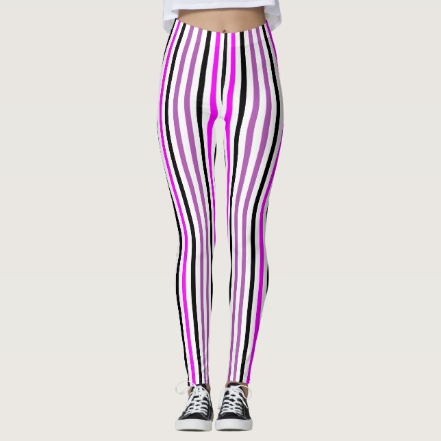 Leggings Bandes verticales simples roses et noires sur blan (Devant)