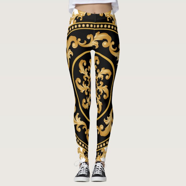 Leggings Baroque d'or, chaînes, décoration noire (Devant)