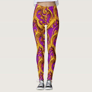 Leggings Baroque Rococo Golden Purple Filagree Design