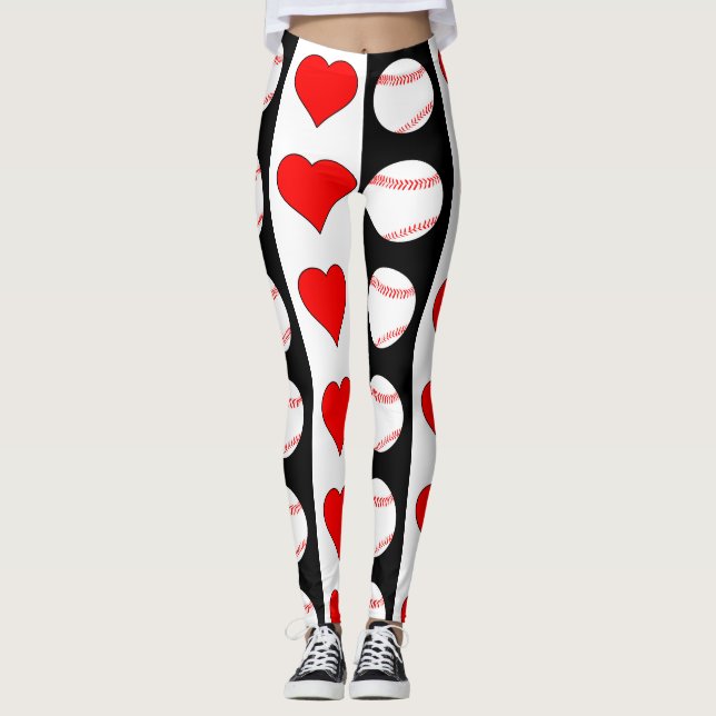 Leggings Baseballs & Coeurs Vertical Motif noir & blanc (Devant)