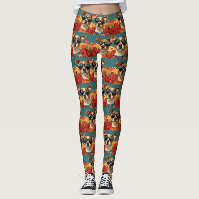 Leggings Basenji avec Roses de coeur Saint Valentin (Devant)