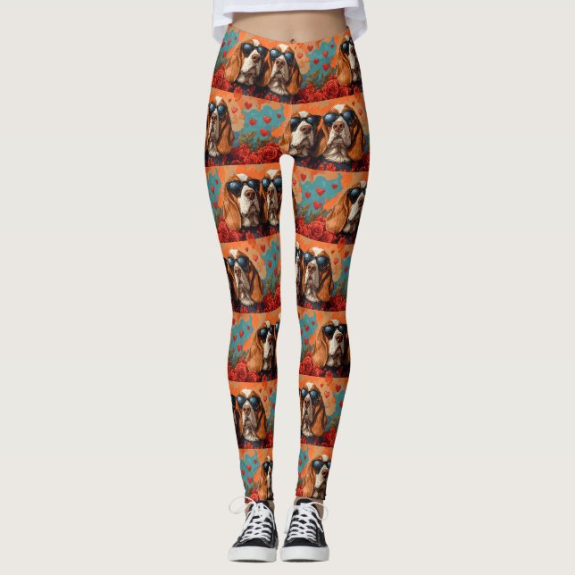 Leggings Basset Hound avec coeur Roses Saint-Valentin (Devant)