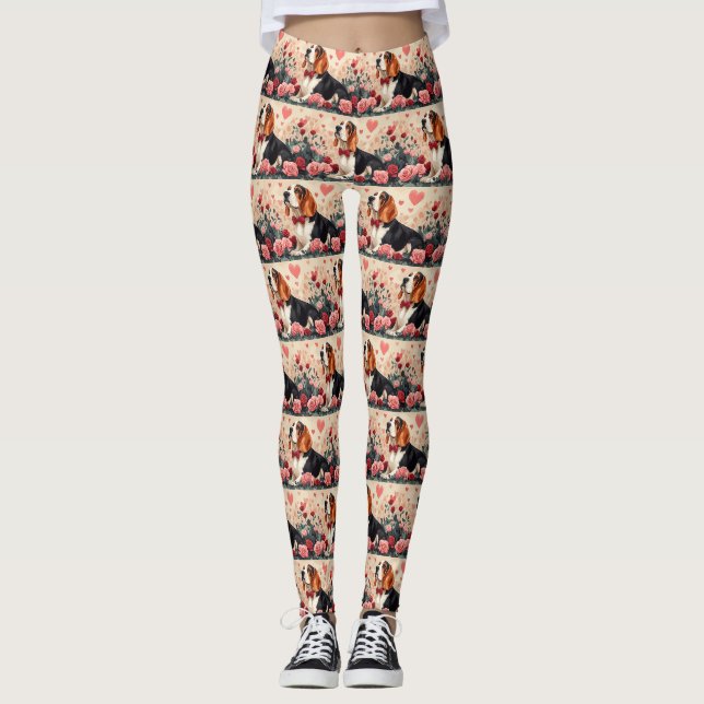 Leggings Basset Hound avec Roses - Saint Valentin (Devant)