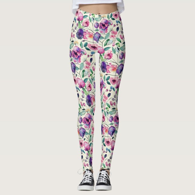 Leggings Beau Modèle Floral Violet Et Rose (Devant)
