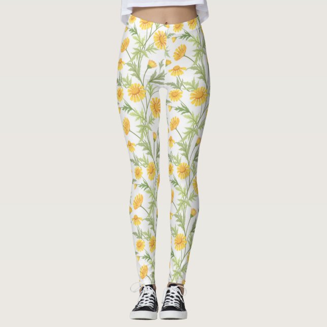 Leggings Beau Motif de Fleurs de Fleurs de Faisée Jaune (Devant)
