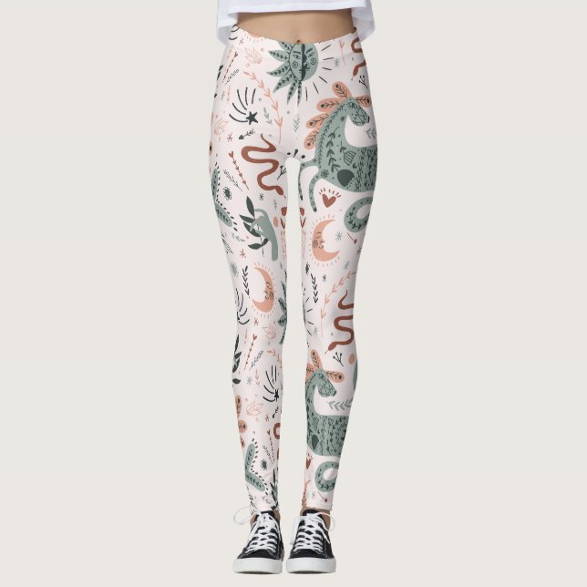 Leggings Beau motif en rose et vert Lune (Devant)