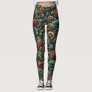 Leggings Beau Steampunk Gears à thème et Roses
