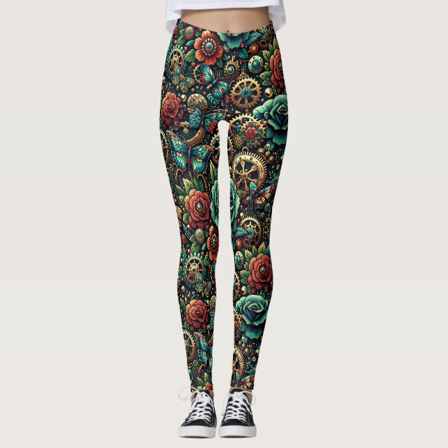 Leggings Beau Steampunk Gears à thème et Roses (Devant)