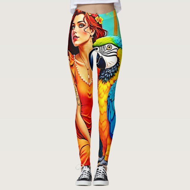 Leggings Beauté tropicale et design de perroquets bleus (Devant)