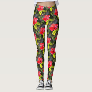 Leggings Belle Fleur d'Hibiscus Tropical Rouge Artistique