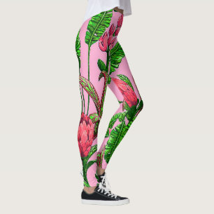 Leggings Belles feuilles vertes tropicales avec fleurs roug