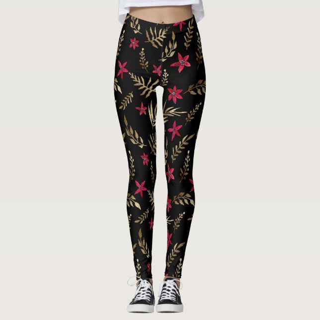 Leggings Belles fleurs rouges doré brillant feuille noir el (Devant)