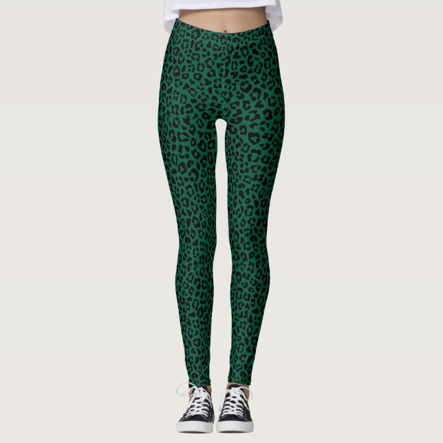 Leggings Black and green Leopard Print Fun Safari Pattern (Devant)
