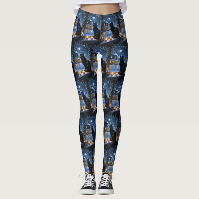 Leggings Black Cat With Christmas Lights Holiday (Devant)