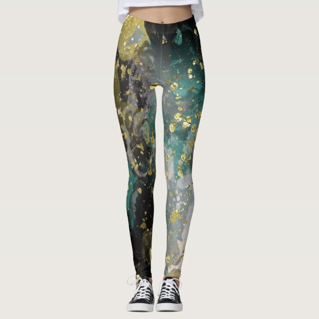 Leggings Black Gold Teal Green Grunge Splatter Fashion (Devant)