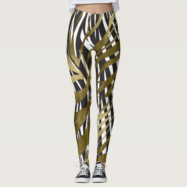 Leggings Black & Gold Zebra Print Safari Chic Glamor (Devant)
