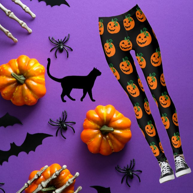 Leggings Black Orange Happy Jack-o'-lantern (Super fun Halloween black and orange Jack-o'-lantern tights will complete your wardrobe!)