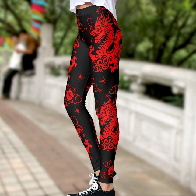 Leggings Black Red Dragon chinois Lunaire Nouvel An moderne (LINK FOR 2025 YEAR OF THE SNAKE: https://www.zazzle.com/collections/119316095761799932)