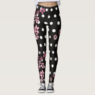 Leggings Black Vintage Floral Rose Blanc Gold Dots Chic
