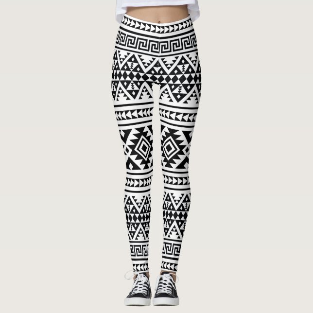 Leggings Black White Geometric Tribal Pattern Aztec Boho (Devant)