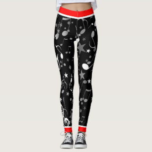 Leggings Black White Grey Music Notes et Red Trim sur BLACK