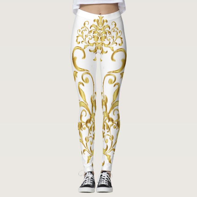 Leggings Blanc avec Gold Damask Détail Athlétisme (Devant)