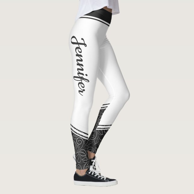 Leggings Blanc élégant avec floral noir et nom moderne (Droite)
