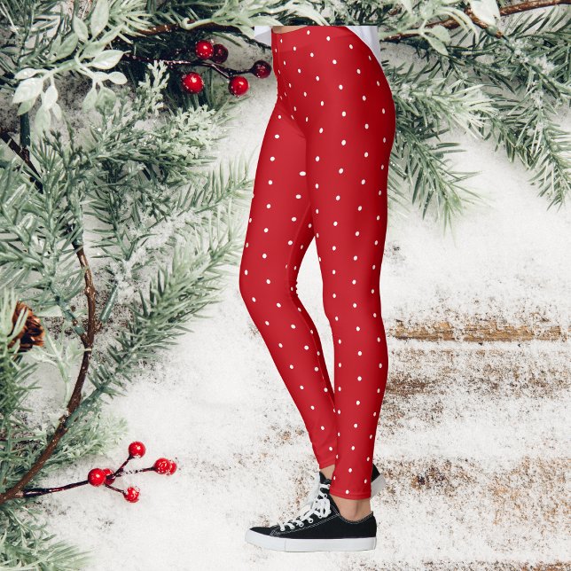 Leggings Blanc Polka Dot Neige Rouge Noël (Red And White Polka Dot Leggings)