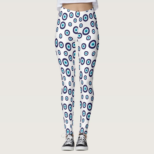 Leggings Bleu Aqua Blanc Nazar Evil Cercles d'yeux Motif (Devant)