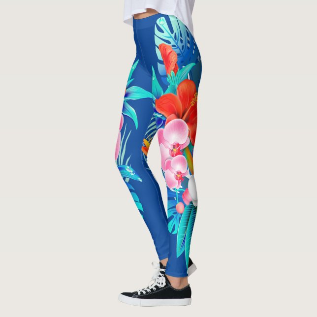 Leggings Bleu avec légendes de fleurs tropicales (Gauche)