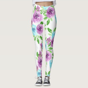Leggings Bleu blanc et fleurs violettes