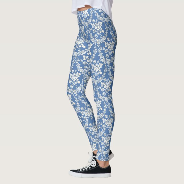 Leggings Bleu Blanc Floral Motif Botanique Chic (Gauche)