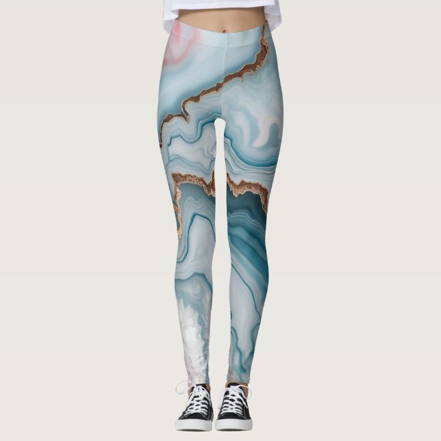 Leggings Bleu clair rose or Agitation marbre Design moderne (Devant)