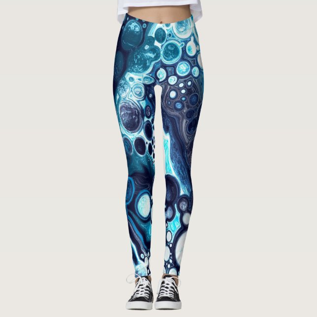 Leggings Bleu et Marbre blanc Fluid Art (Devant)