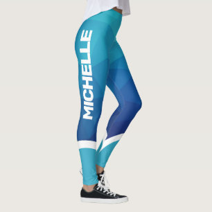 Leggings Bleu géométrique avec blanc nom rayé moderne