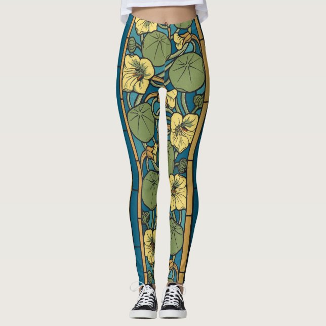 Leggings Bleu jaune Nasturtium Fleur Nouveau Motif (Devant)