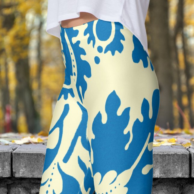 Leggings Bleu magnifique et Crème Floral Impression (William Morris Inspired - on Cream Leggings)