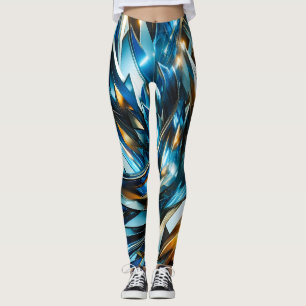 Leggings Bleu Or Abstrait Métallique Géométrique Futuriste