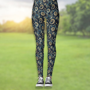 Leggings Bleu Or Rouages Steampunk Paisley Élégant