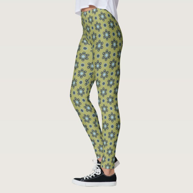Leggings Bleu rétro et marguerites noires sur motif floral  (Gauche)