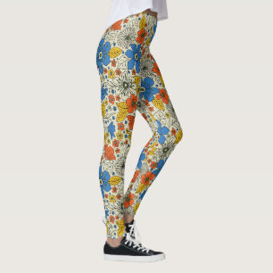 Leggings Bleu rétro, Jaune & Orange Floral