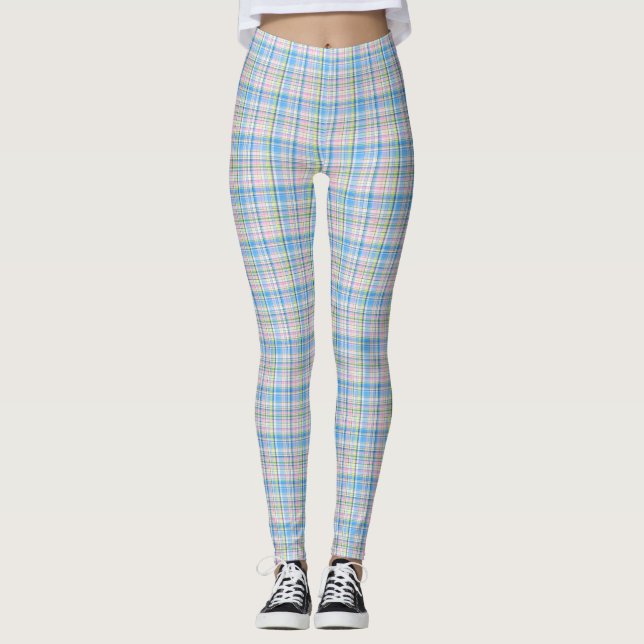 Leggings Bleu rose Jaune Whisky Preppy Plaid Madras Tartan (Devant)